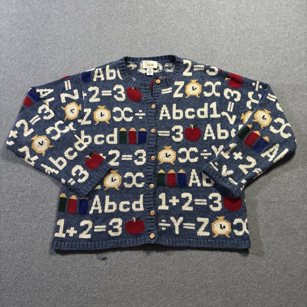 Vintage Talbots Cardigan Large Teachercore Kidcore School Alphabet Math Grandma